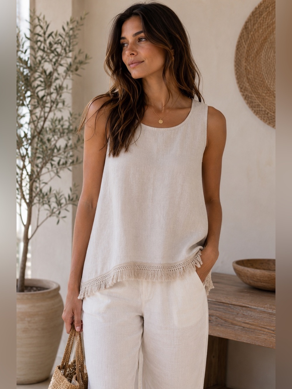 Italian Linen Fringe Tank Top S Neutral Boho Quiet Luxury Valentina Naldi